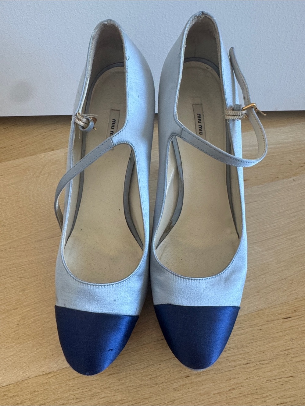 Miu Miu Two-Tone Satin Mary Jane Pumps in Light Blue and Navy Blue